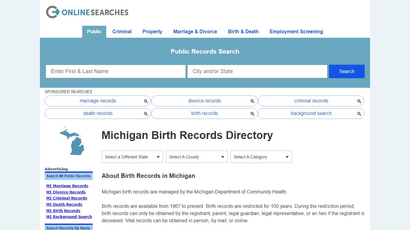 Michigan Birth Records Search Directory - OnlineSearches.com