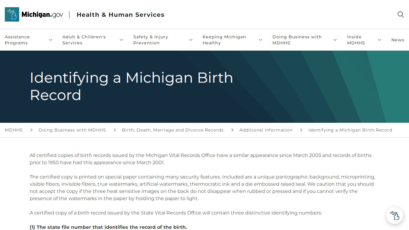 Identifying a Michigan Birth Record